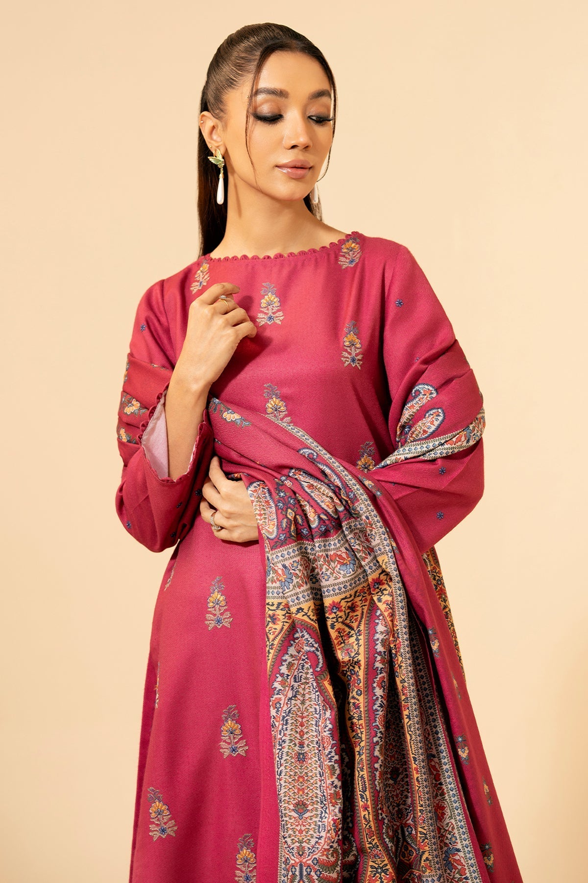 3 Piece - Unstitched - Printed & Embroidered Viscose Wool Suit - E1432