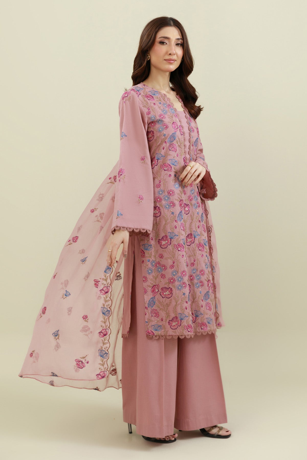 3 Piece - Unstitched - Embroidered Viscose Karandi Suit - E1766