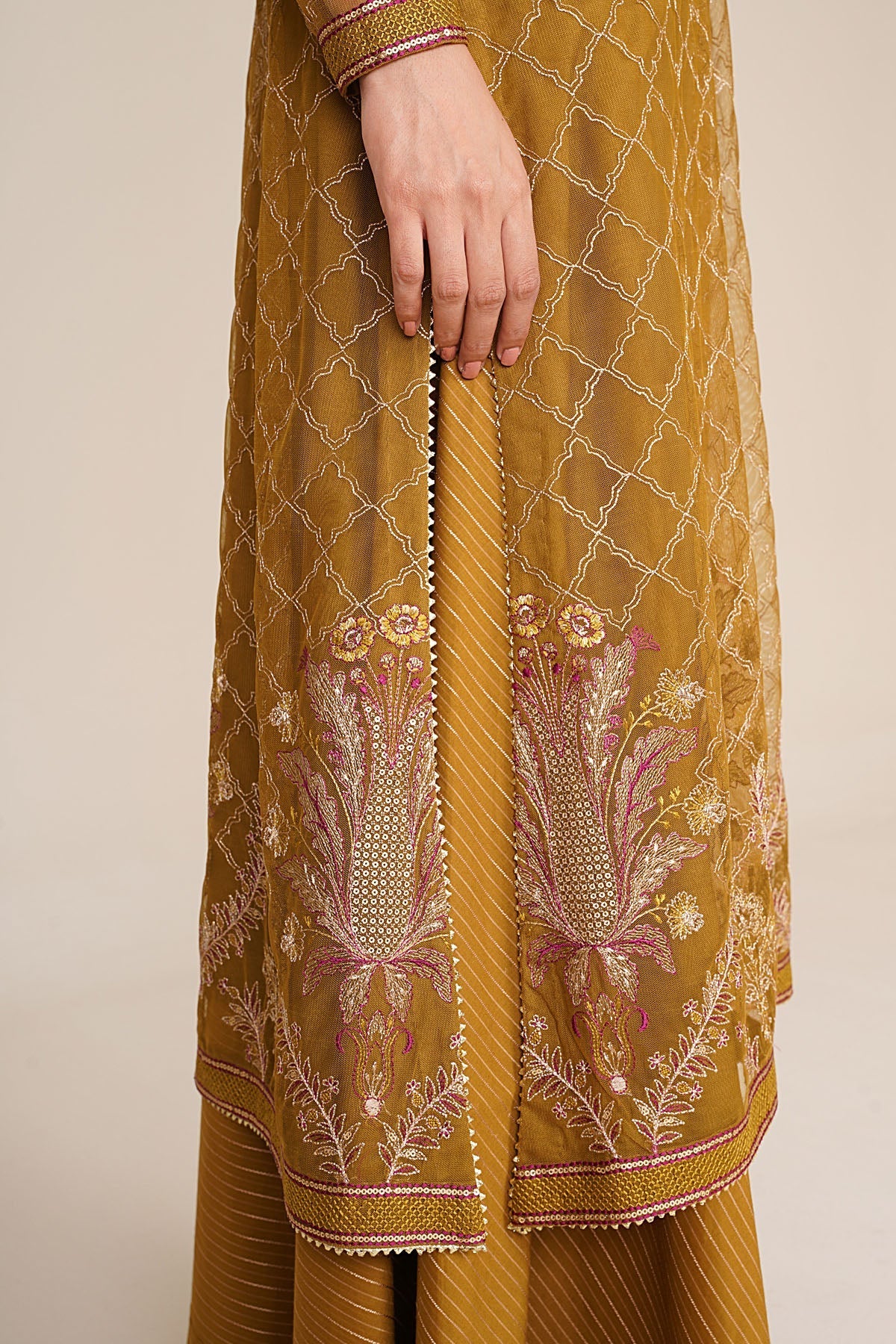 4 Piece - Unstitched - Embroidered Hexa Poly Net Suit - E1879