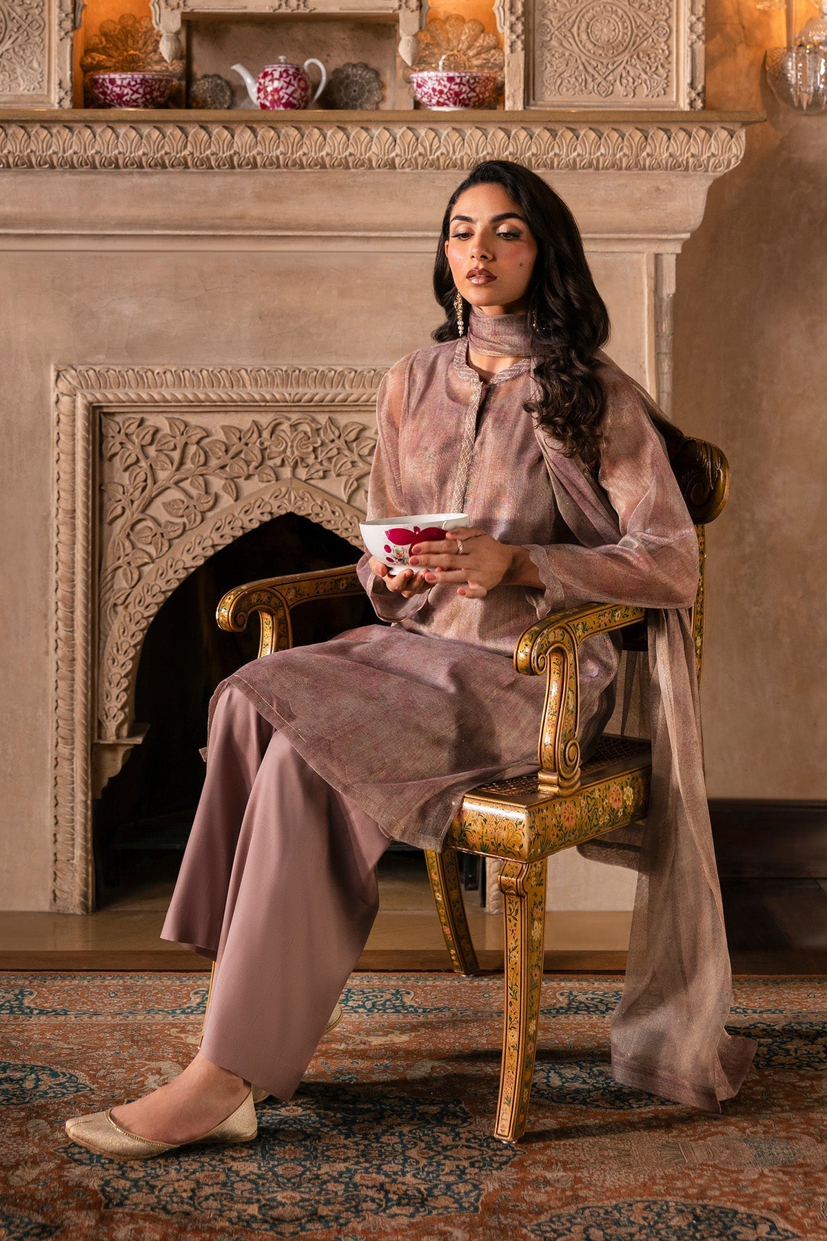 4 Piece - Stitched - Printed Shimmer Net Suit - MCP1719