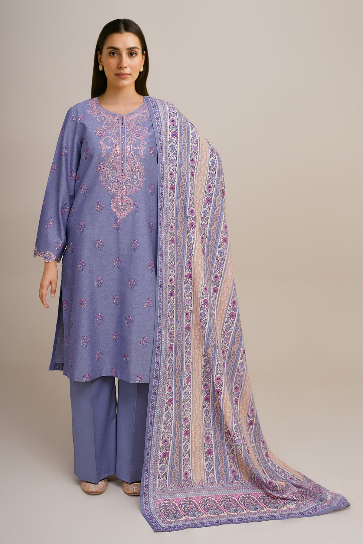 3 Piece - Unstitched - Printed & Embroidered Khaddar Suit - C6366