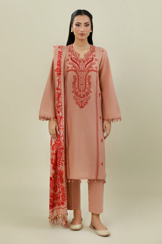 3 Piece - Unstitched - Printed & Embroidered Slub Khaddar Suit - C6413