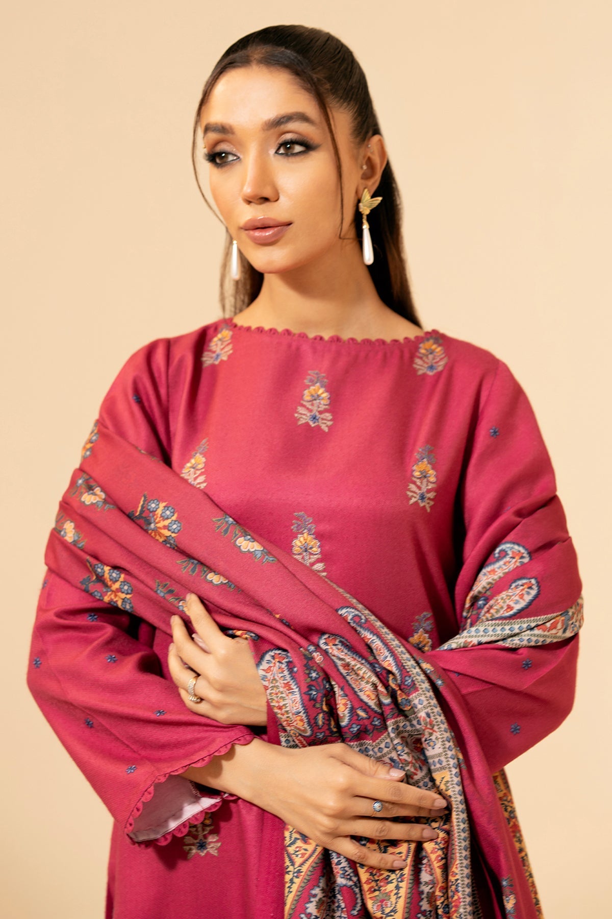 3 Piece - Unstitched - Printed & Embroidered Viscose Wool Suit - E1432