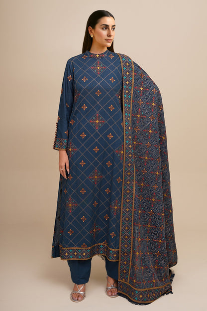 3 Piece - Unstitched - Embroidered Viscose Karandi Suit - E1774