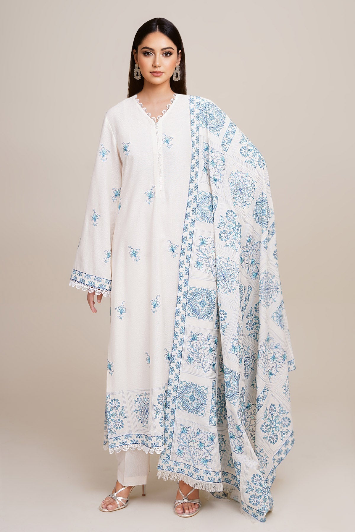 3 Piece - Unstitched - Embroidered Viscose Karandi Suit - E1779