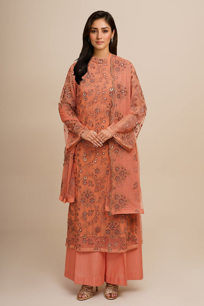 4 Piece - Unstitched - Embroidered Poly Net Suit - E1795