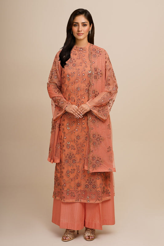 4 Piece - Unstitched - Embroidered Poly Net Suit - E1795
