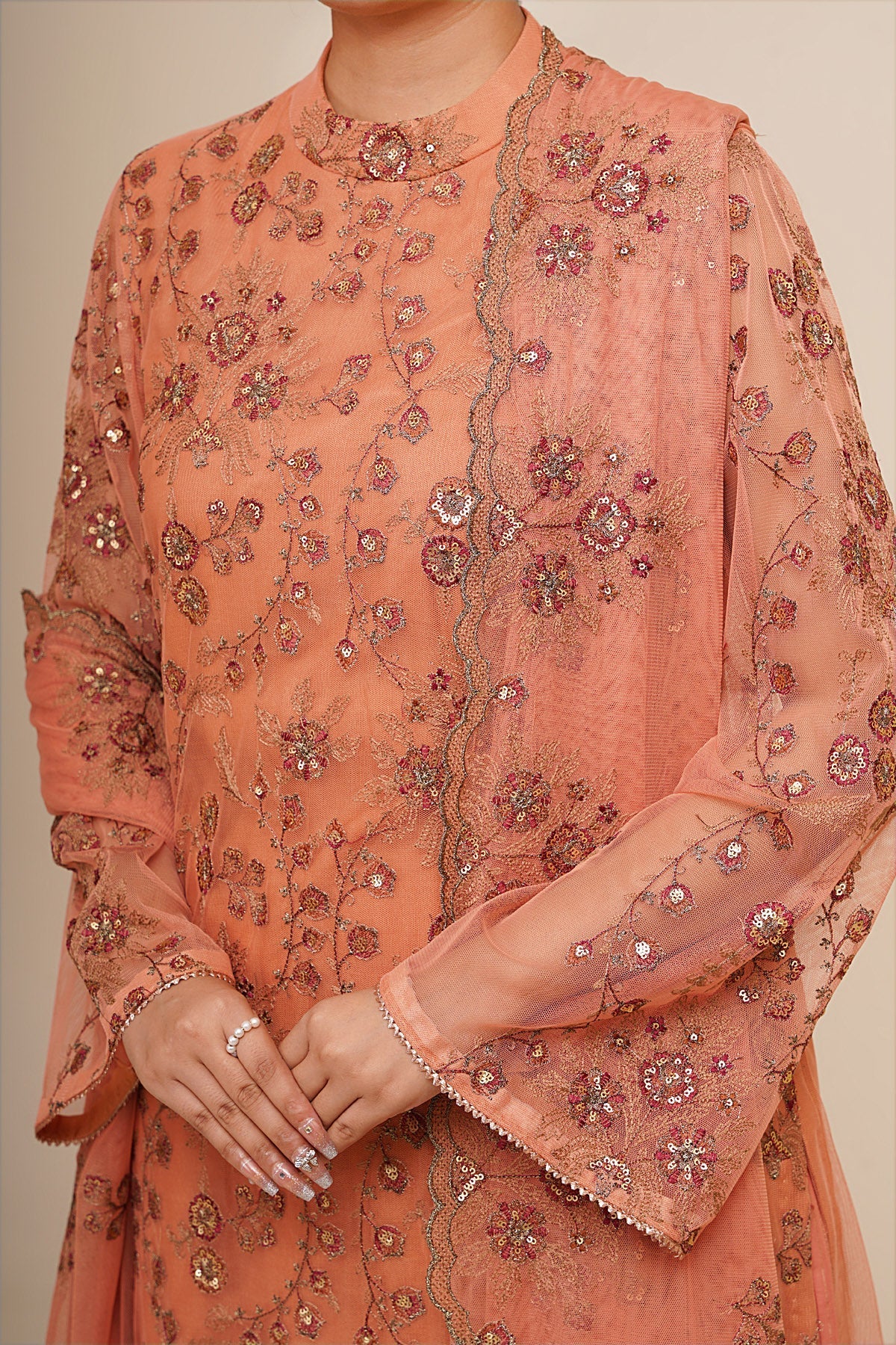 4 Piece - Unstitched - Embroidered Poly Net Suit - E1795