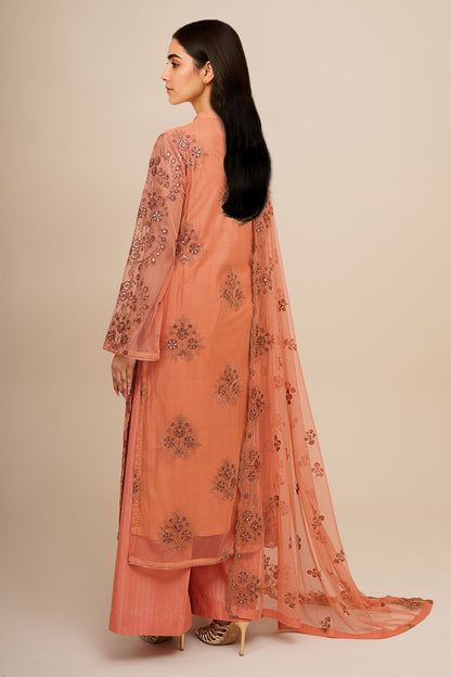 4 Piece - Unstitched - Embroidered Poly Net Suit - E1795