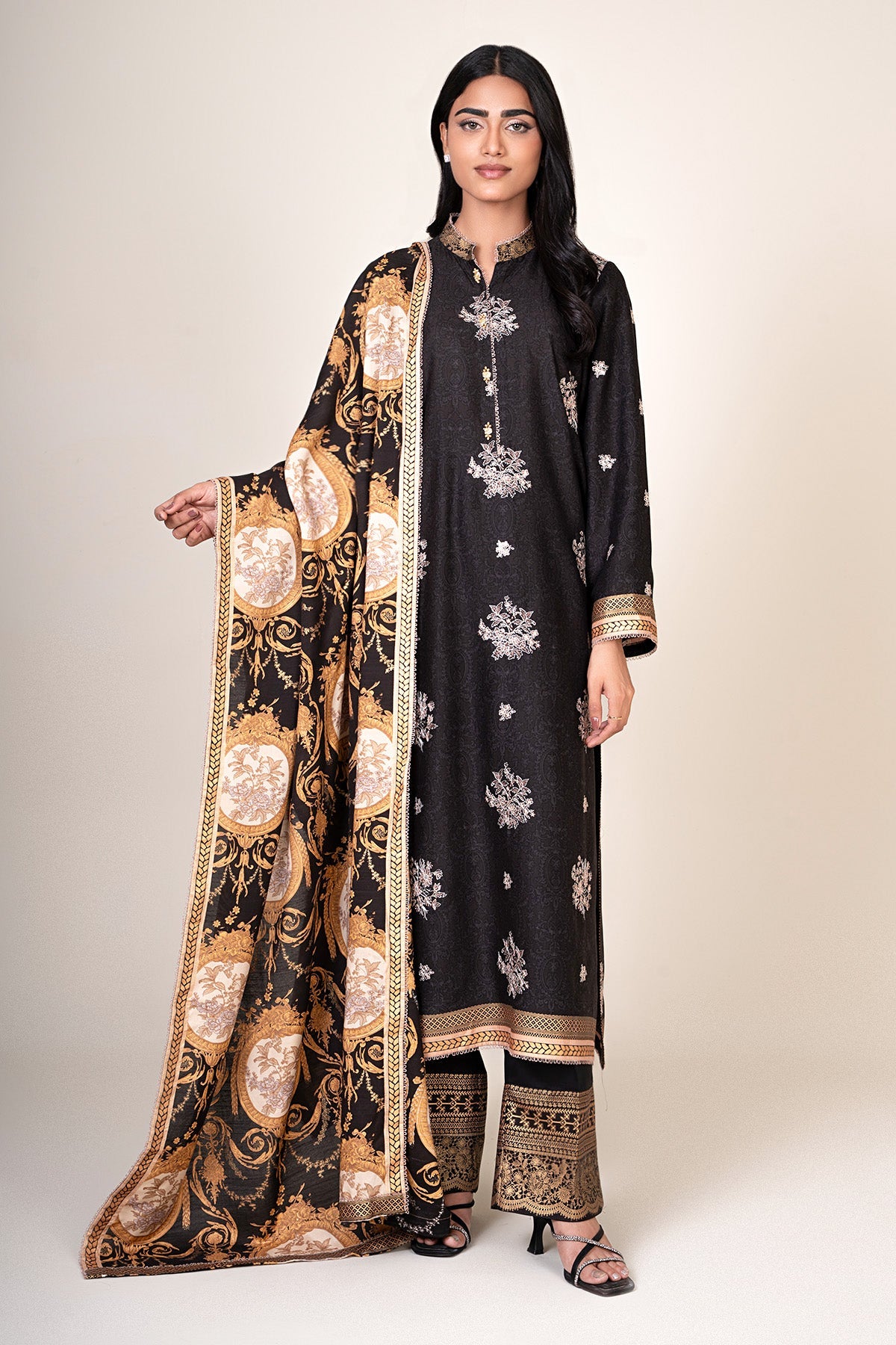 3 Piece - Unstitched - Printed & Embroidered Raw Silk Suit - E1810