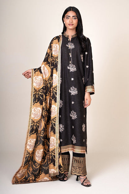 3 Piece - Unstitched - Printed & Embroidered Raw Silk Suit - E1810