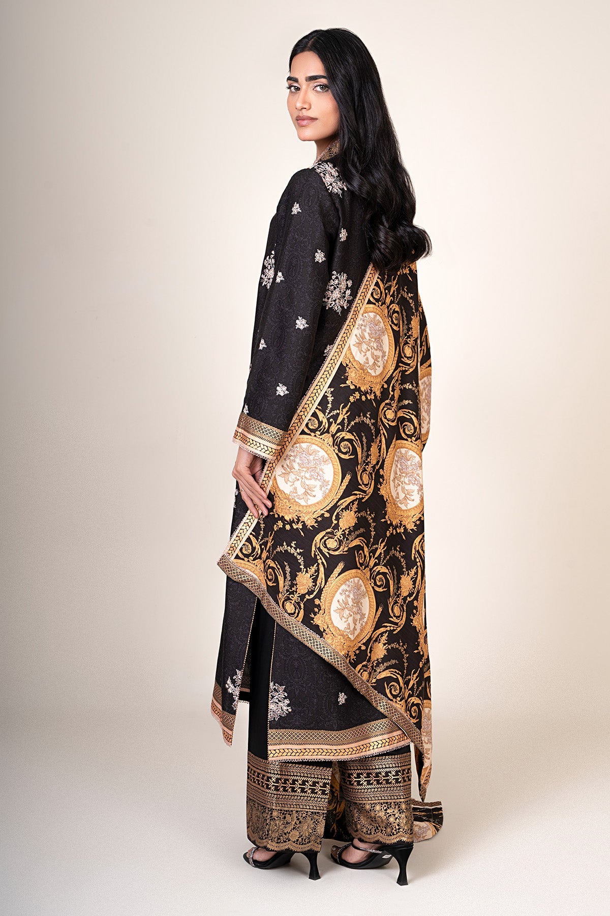 3 Piece - Unstitched - Printed & Embroidered Raw Silk Suit - E1810