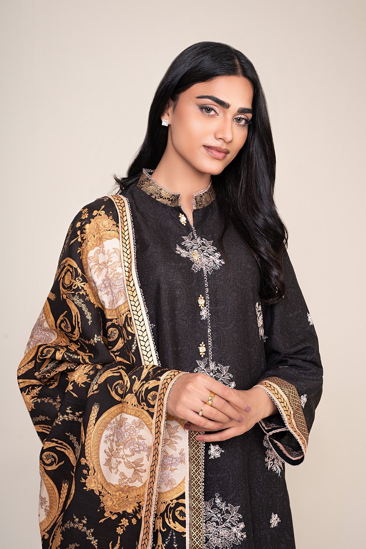 3 Piece - Unstitched - Printed & Embroidered Raw Silk Suit - E1810