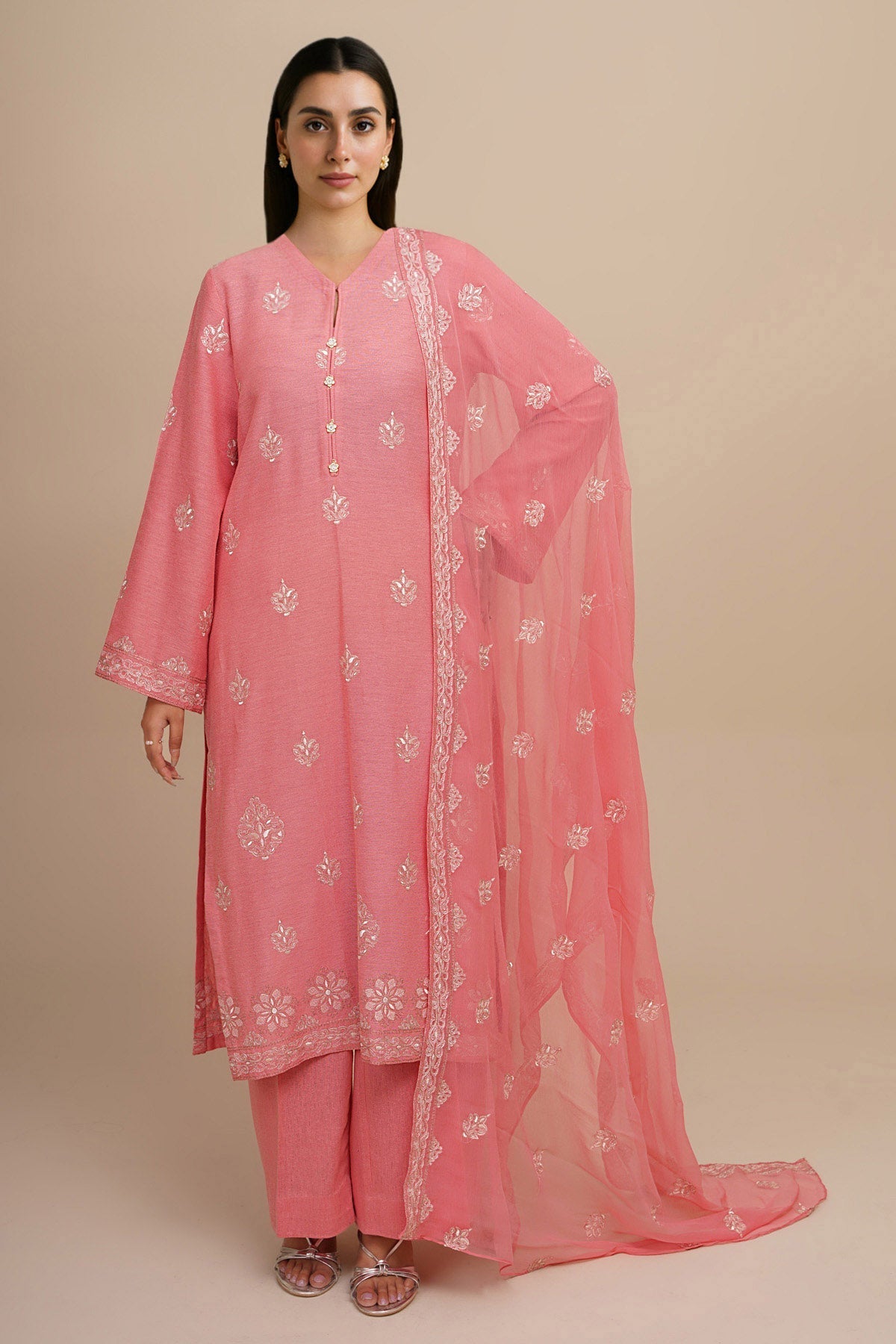 3 Piece - Unstitched - Embroidered Cotton Karandi Suit - E1820