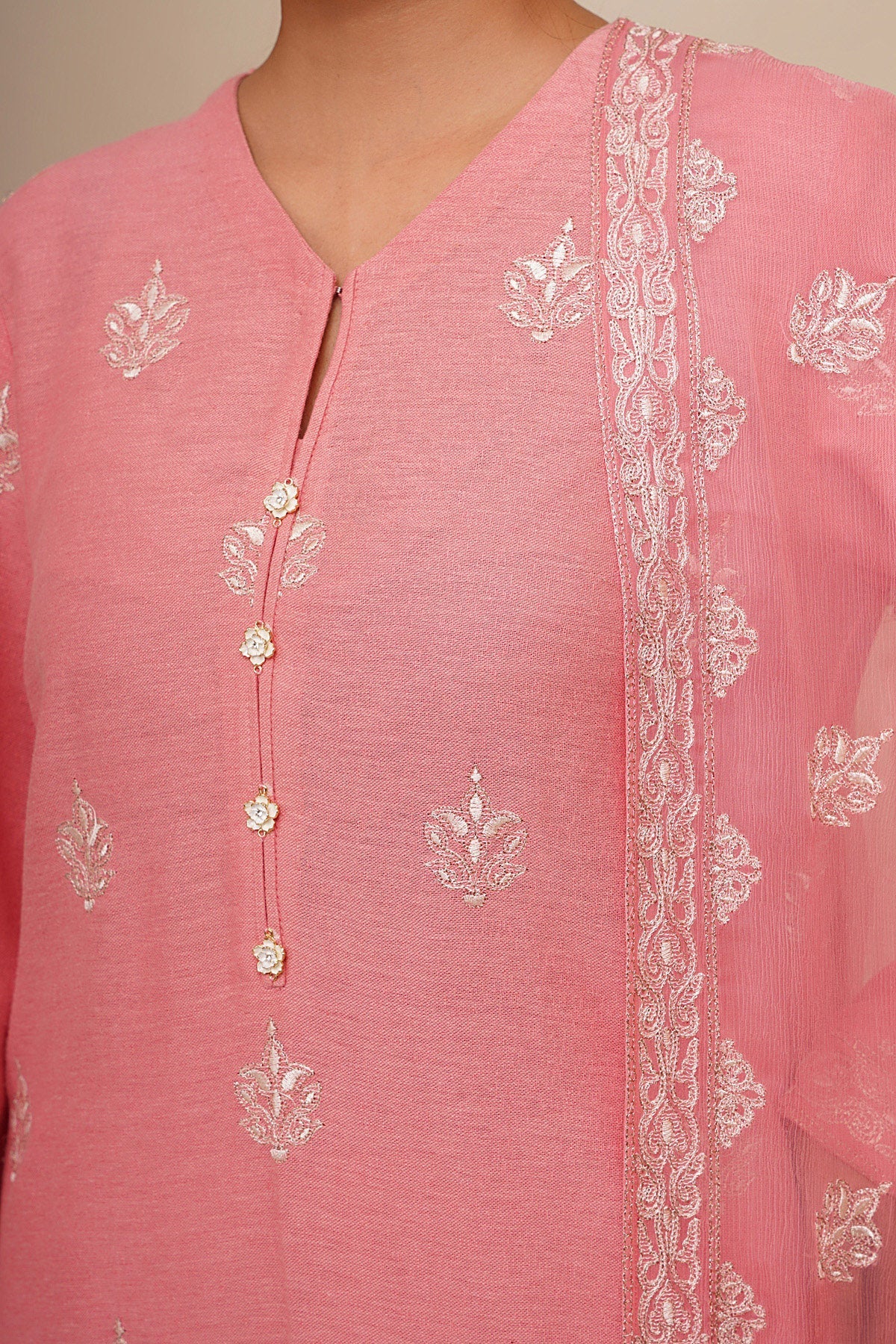 3 Piece - Unstitched - Embroidered Cotton Karandi Suit - E1820