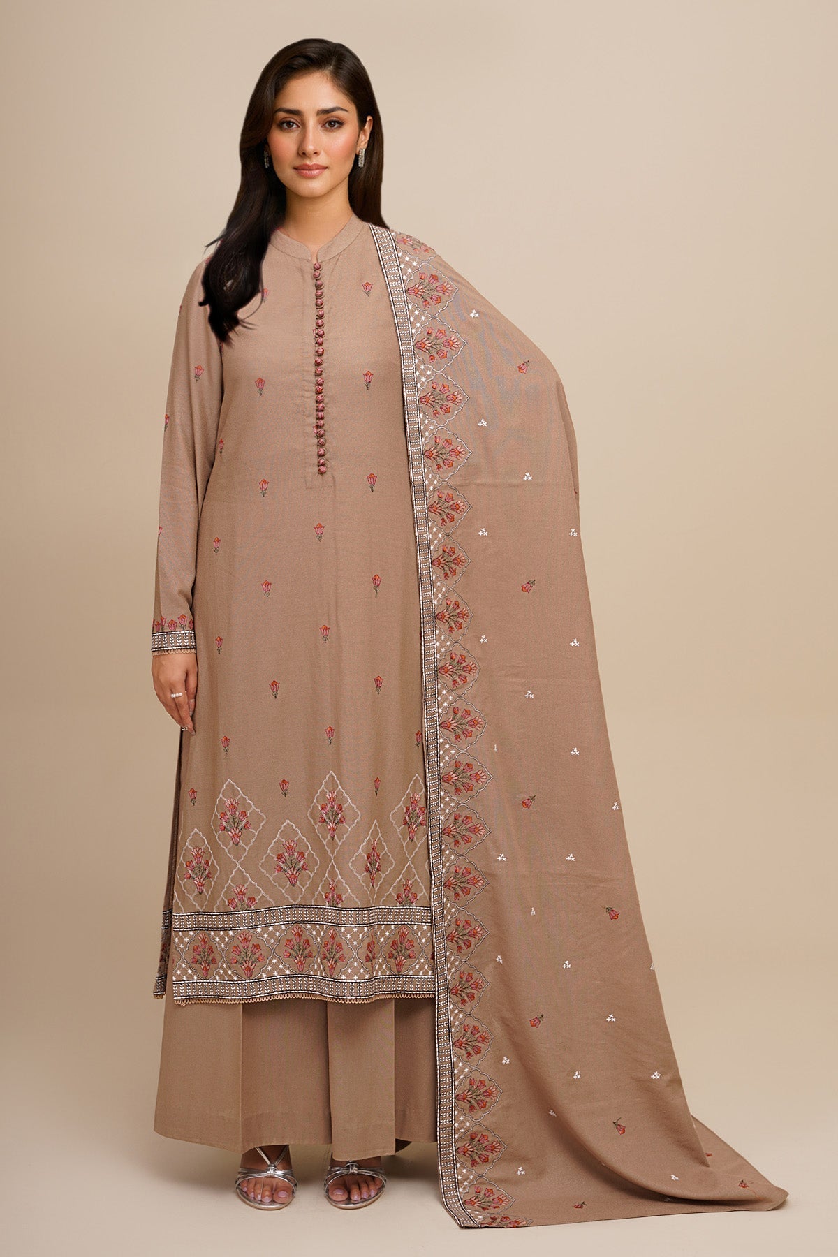 3 Piece - Unstitched - Embroidered Viscose Karandi Suit - E1822