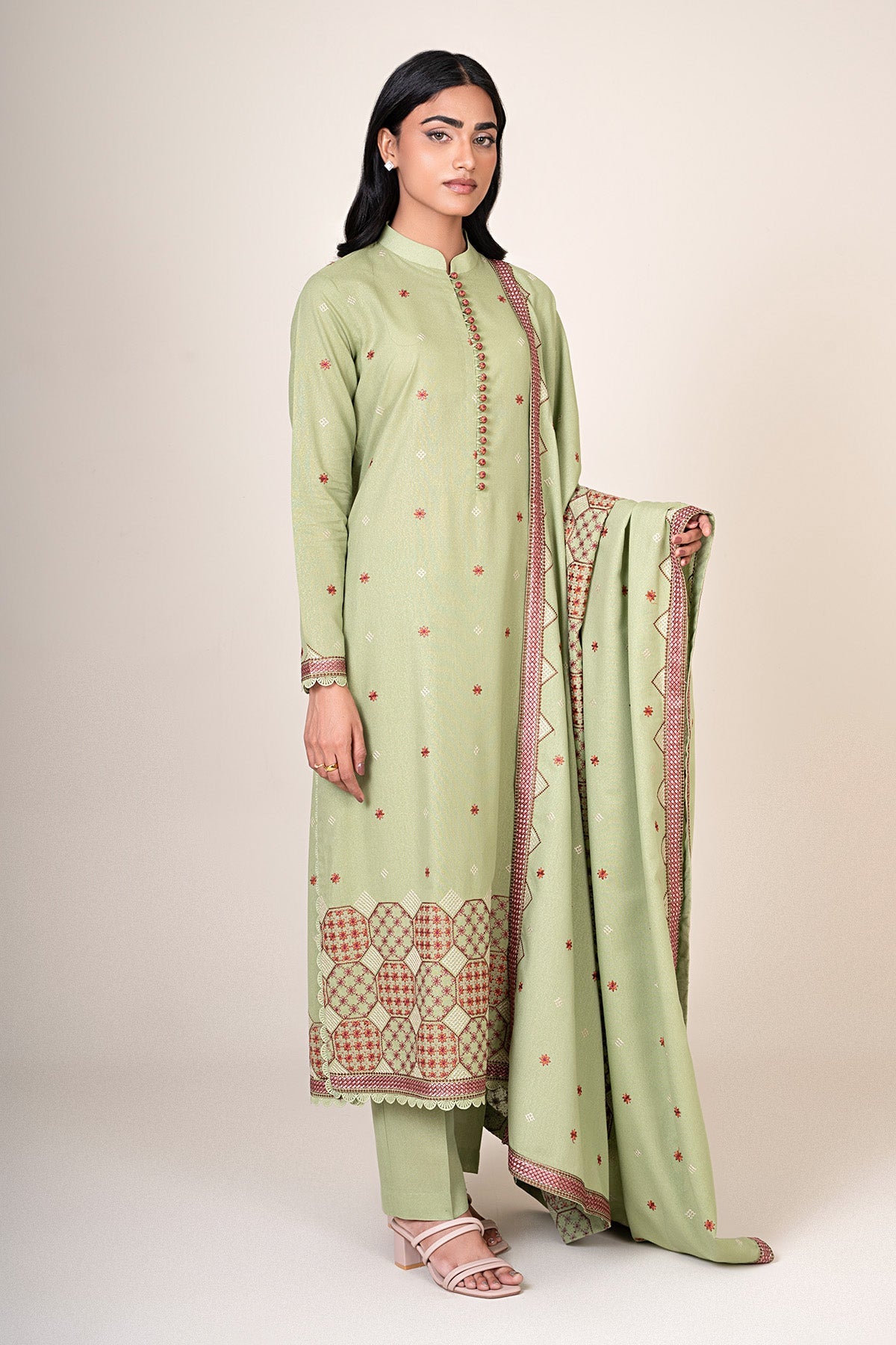3 Piece - Unstitched - Embroidered Viscose Karandi Suit - E1846