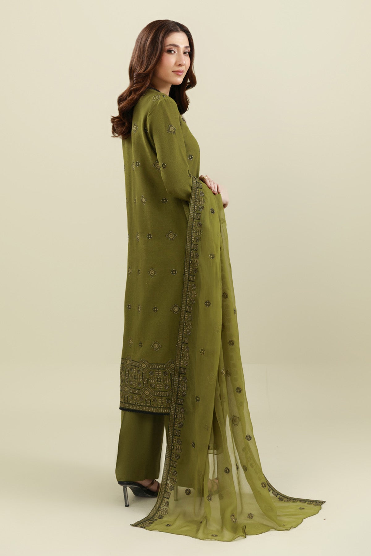 3 Piece - Unstitched - Embroidered Cotton Karandi Suit - E1848