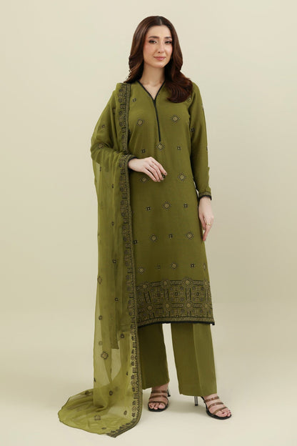 3 Piece - Unstitched - Embroidered Cotton Karandi Suit - E1848