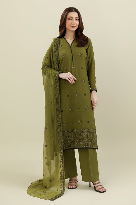3 Piece - Unstitched - Embroidered Cotton Karandi Suit - E1848