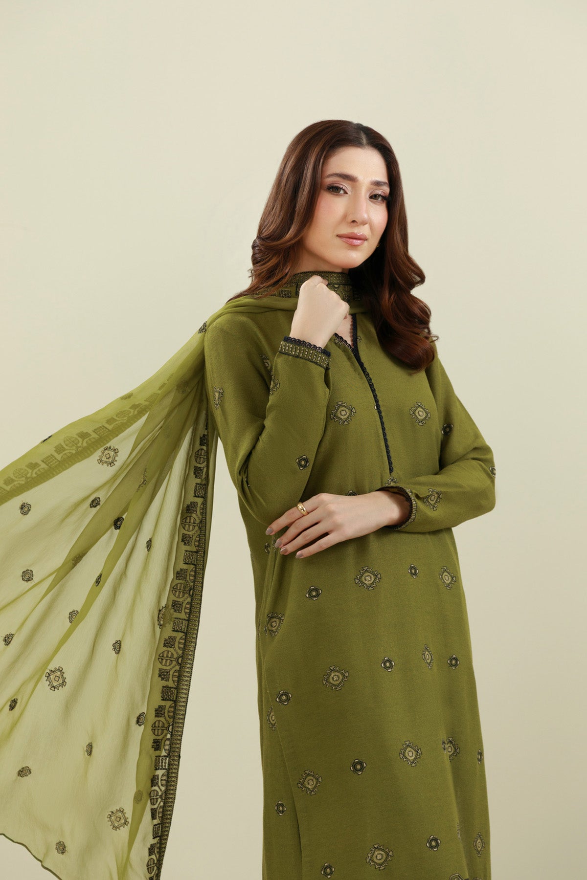 3 Piece - Unstitched - Embroidered Cotton Karandi Suit - E1848