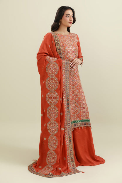 3 Piece - Unstitched - Embroidered Raw Silk Suit - E1858