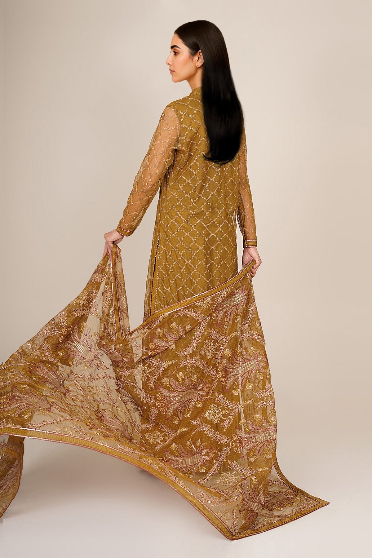 4 Piece - Unstitched - Embroidered Hexa Poly Net Suit - E1879