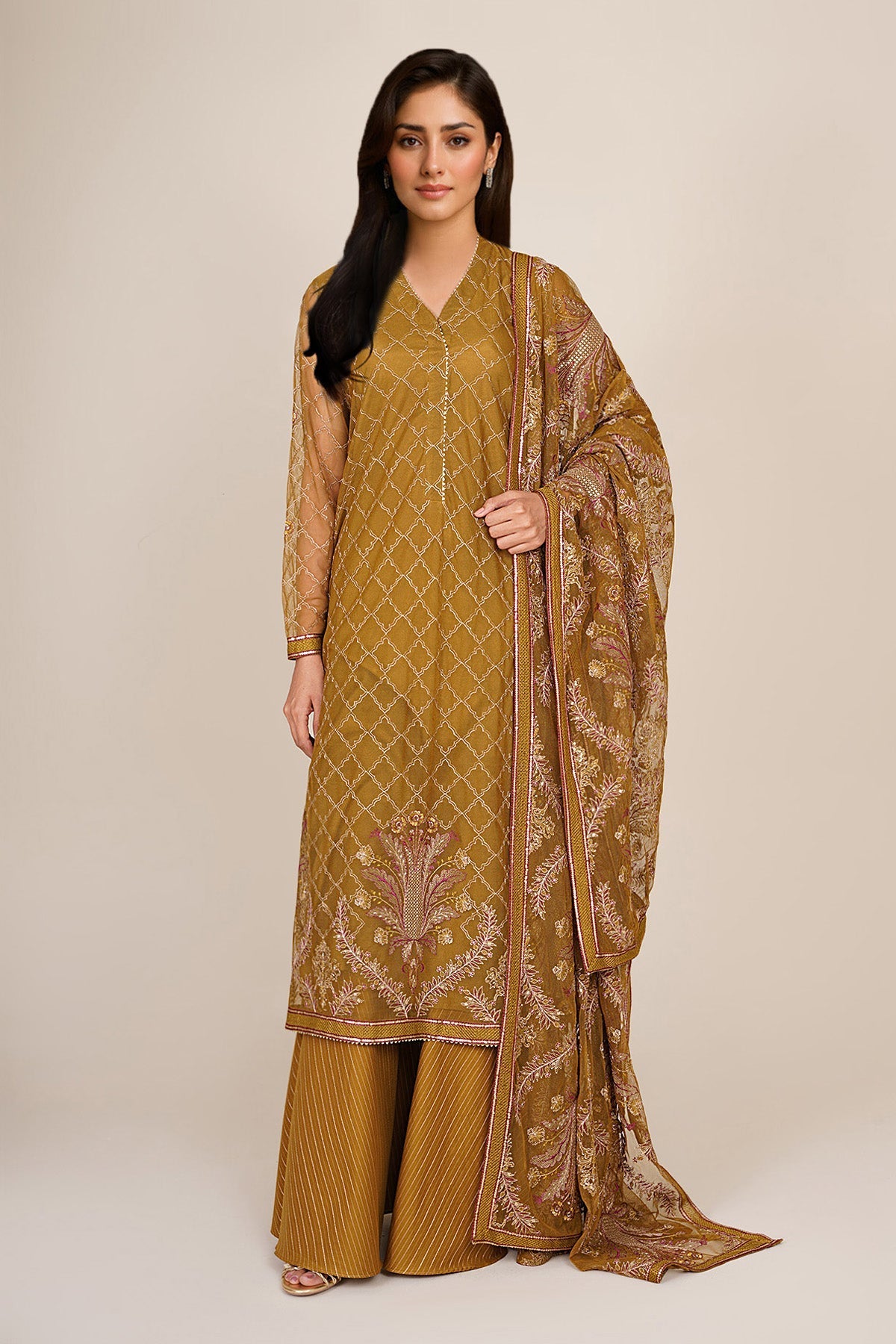 4 Piece - Unstitched - Embroidered Hexa Poly Net Suit - E1879