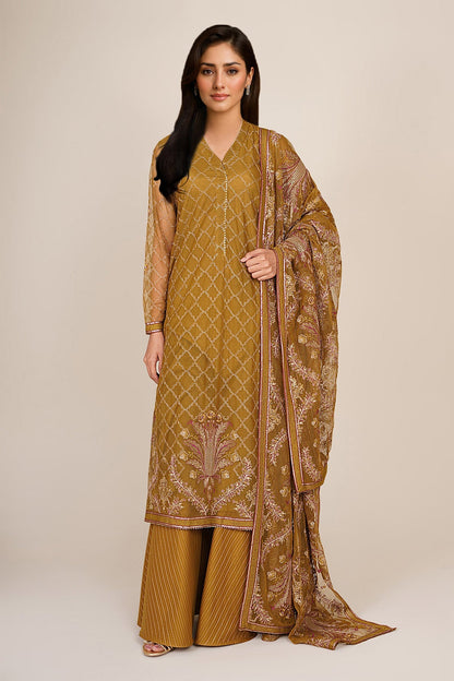 4 Piece - Unstitched - Embroidered Hexa Poly Net Suit - E1879