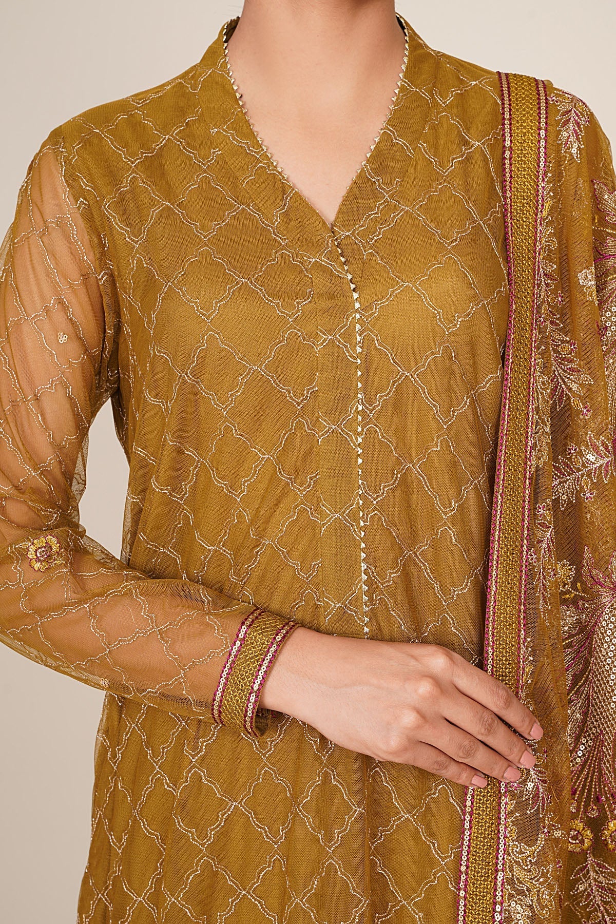 4 Piece - Unstitched - Embroidered Hexa Poly Net Suit - E1879