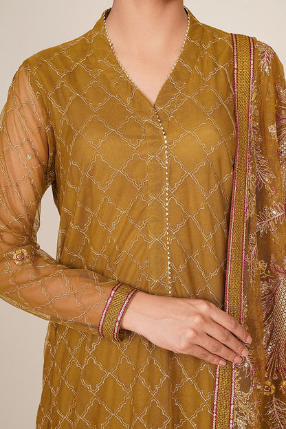 4 Piece - Unstitched - Embroidered Hexa Poly Net Suit - E1879