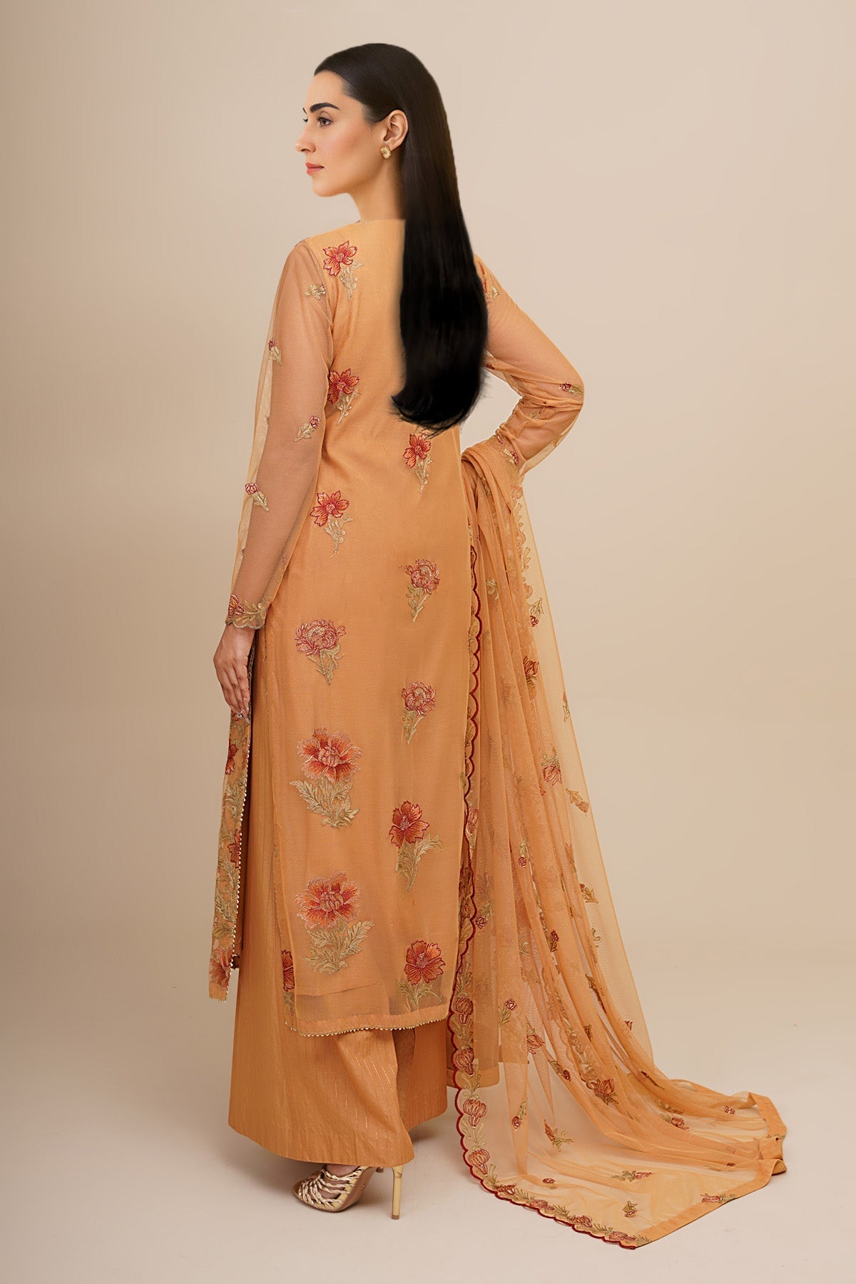 4 Piece - Unstitched - Embroidered Hexa Poly Net Suit - E1880