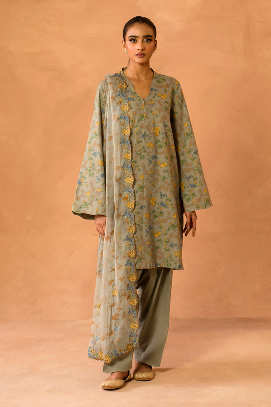3 Piece - Stitched - Printed & Embroidered Khaddar Suit - MC2113